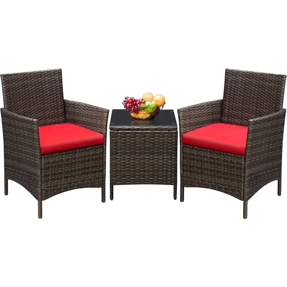 3 Pieces Patio Furniture PE Rattan Wicker Chair Conversation Set Brown and Red Garden Furniture Sets Free Shipping Outdoor