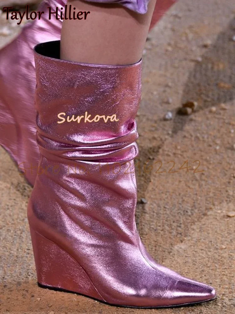 

Pink Wedge Heels Pointed Toe Heightening Slip-On Loose Fashion Boots Autumn Catwalk Party Dress Spring Short Boots For Women 43