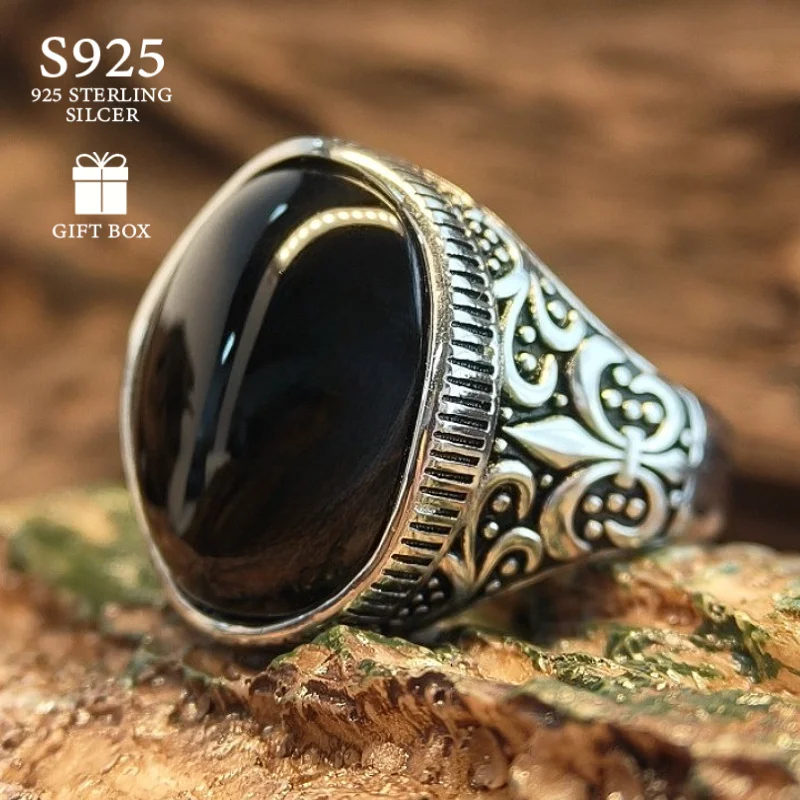 

1 Pc 13*18mm Retro Crozier Pattern Oval Black Agate Ring in 925 Sterling Silver, An Ideal Memento for Banquets, Parties.