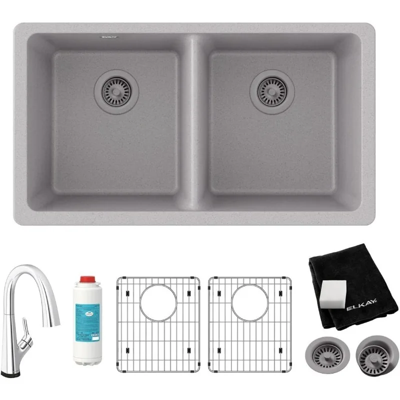 

Equal Double Bowl Undermount Sink Kit with Filtered Faucet Greystone