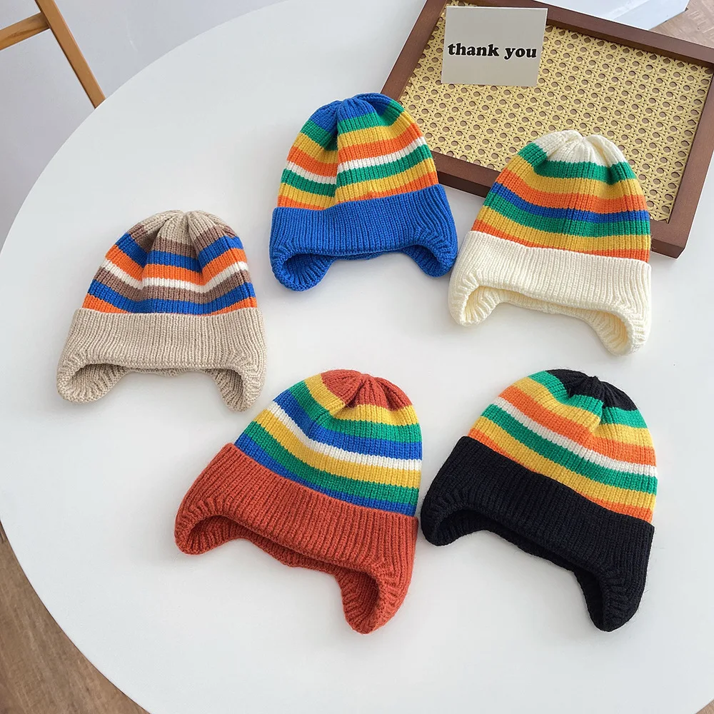 Winter Baby Knit Hat Korean Striped Rainbow Beanie Cap for Toddler Boys Girls Colorful Kids Warm Ear Protection Caps Bonnet