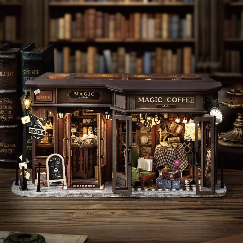 DIY Wooden Doll Houses Magic Coffee Shop Casa Miniature Building Kit Villa Dollhouse with Furniture Led Lights for Girls Gifts