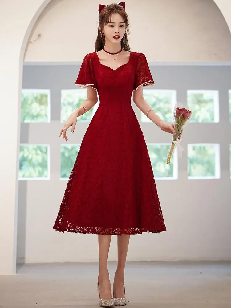 

Beauty-Emily Elegant Burgundy Lace Princess A Line Prom Dress Sweetheart Short Sleeve Tea Length Cocktail Party Gowns