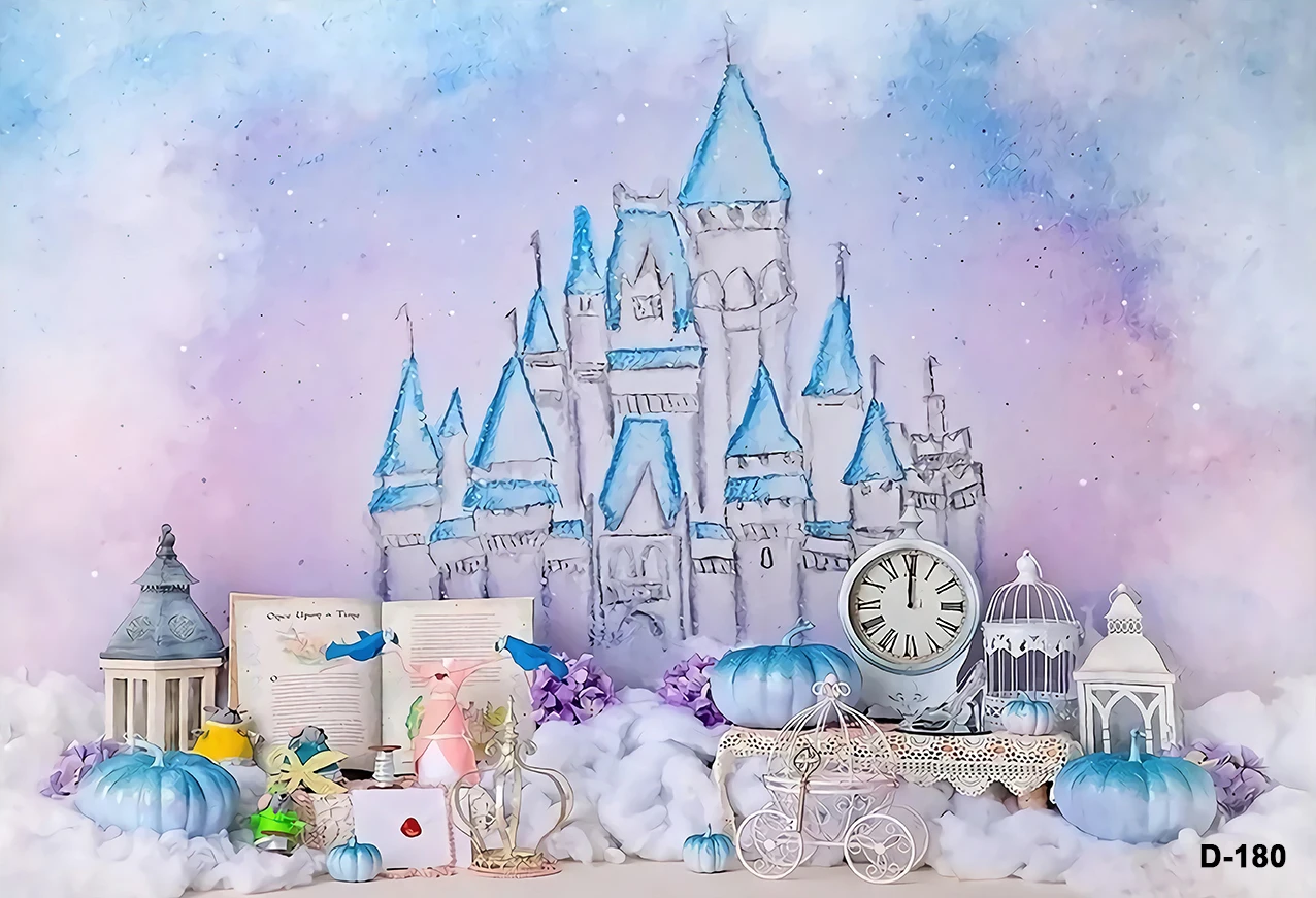 Castle Birthday Backdrop Girls Cinderella Blue and Silver Photography Background Princess Carriage Cake Table Banners