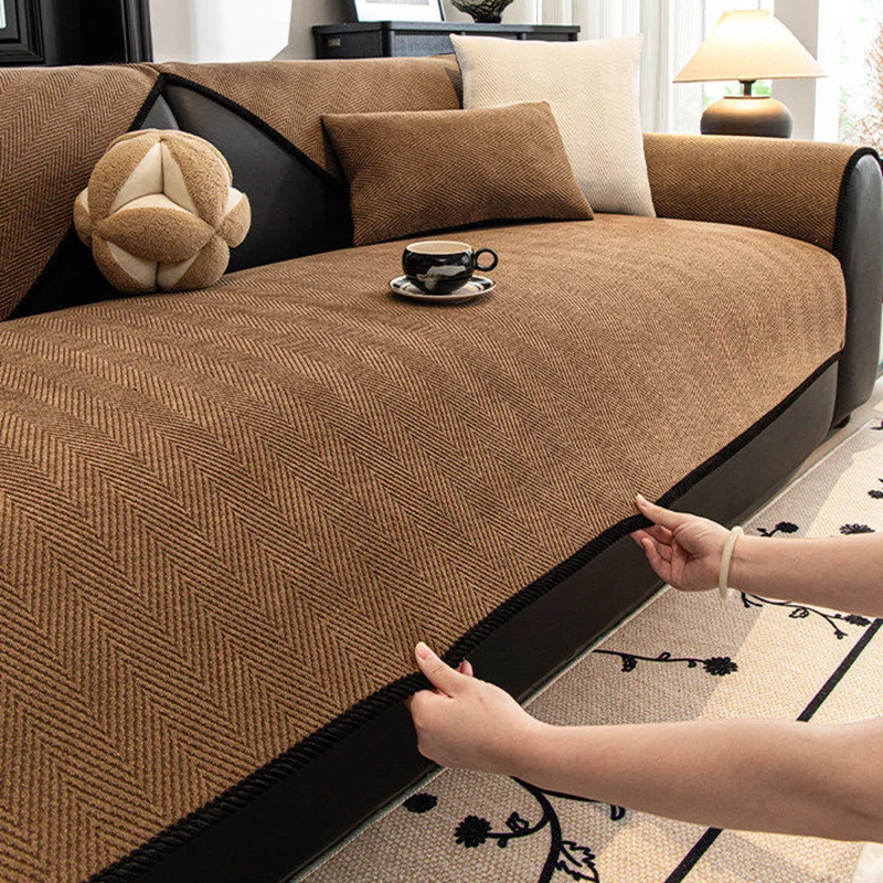 Simple Solid Color Pinstripe Sofa Cushion Four-Season General Anti-Skid Couch Cover Sectional Chenille Wear-Resistant Sofa Towel
