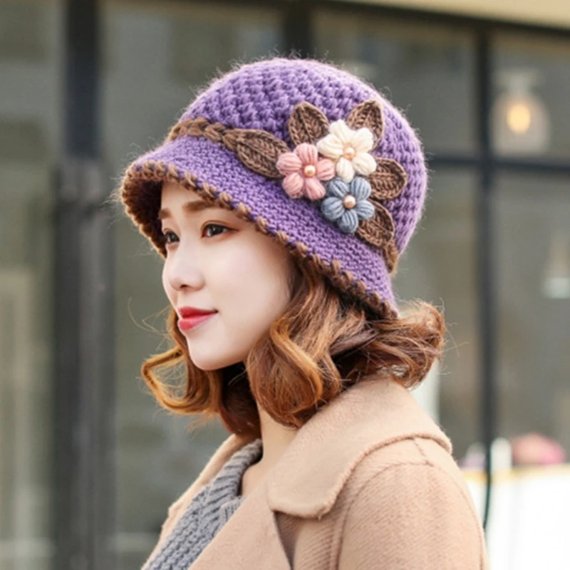 Windproof Woman Crochet Flower Hat Autumn Outdoor Fisherman Hat Teens Bucket Hat