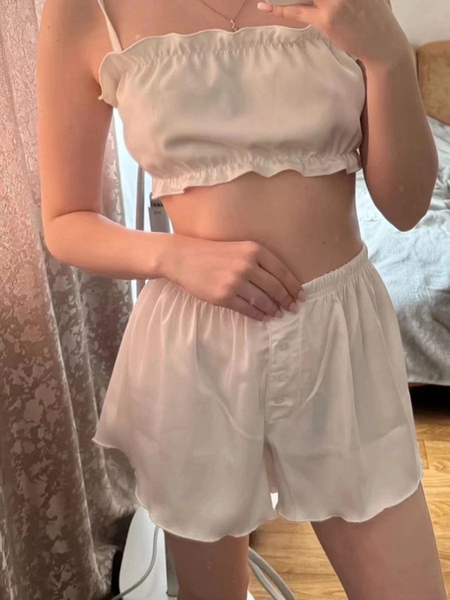 Women's Sweet Lace up Pajama Solid White Color High Waist Wooden Shorts Set Nightdress Sexy Lace Satin Lingerie Nightwear Dress