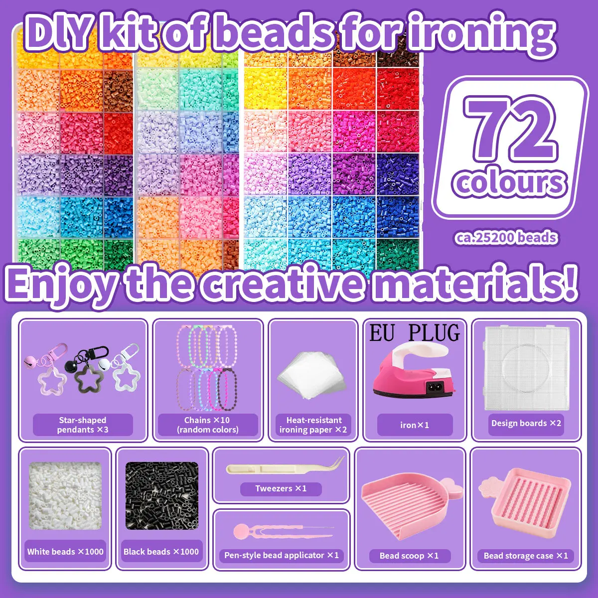 2,6mm Bügelperlen-Set 144 Farben All-in-One Mini-Perlen-Set mit Steckplatten, Mini-Bügeleisen, Pinzette Pixel-Art DIY Bastelset für Erwachsene