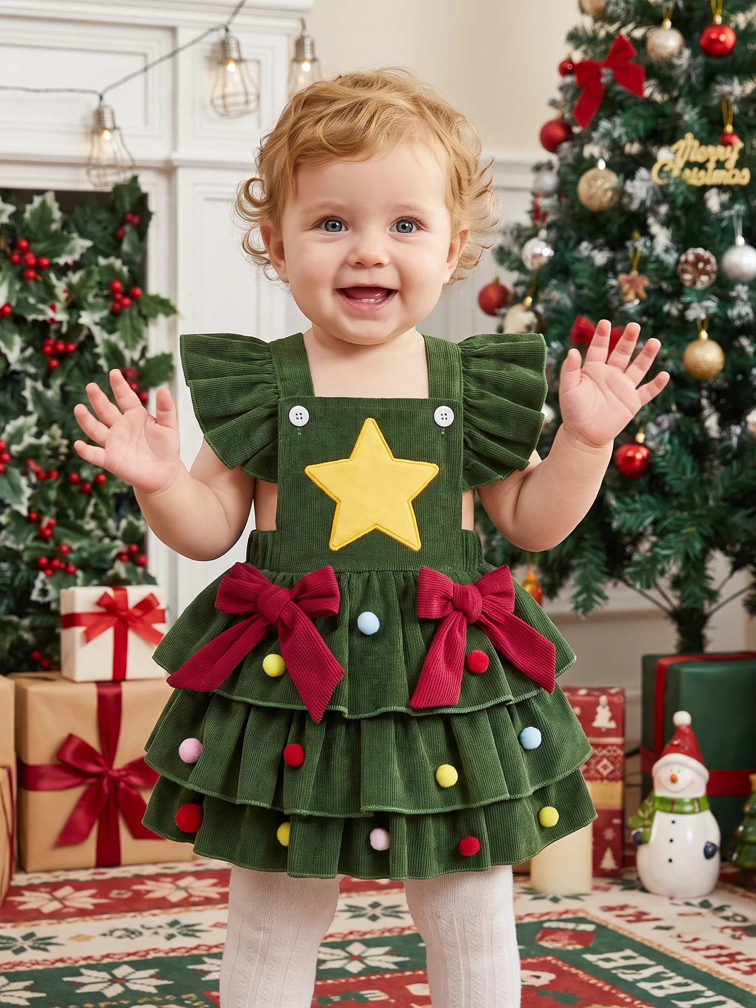 Bows Pom Balls Pom Balls Corduroy Overall-Dress Fly Sleeve With Bows Pom Girl Christmas Dress With New Bows Pom Balls Pom