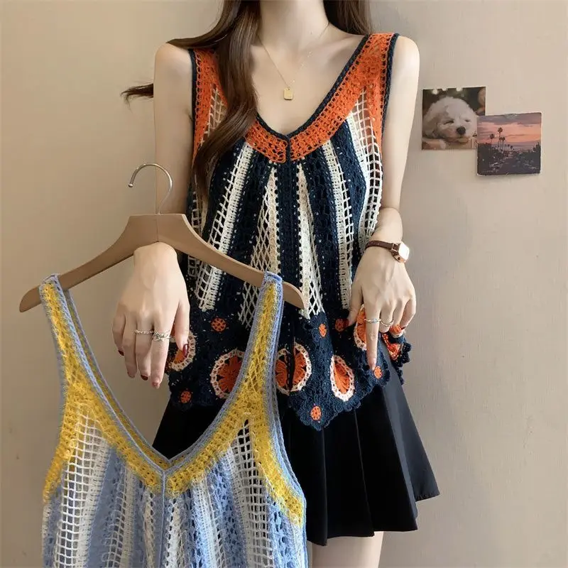 Robe camisole à franges pour femmes, ample, design creux, imprimé, haut tendance en tricot, nouvelle collection