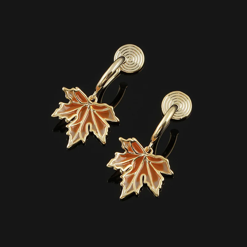 Fashionable New Chinese Style Maple Leaf Earrings With Hollowed Out Drop Glaze Integrated Mosquito Coil Ear Clip Gift