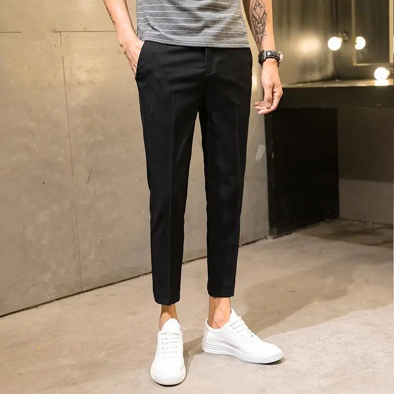 Size 28-34 Men Plaid Ankle-length Pants Casual  Korean Style Straight Slim  Chinos  Trousers No Ironing