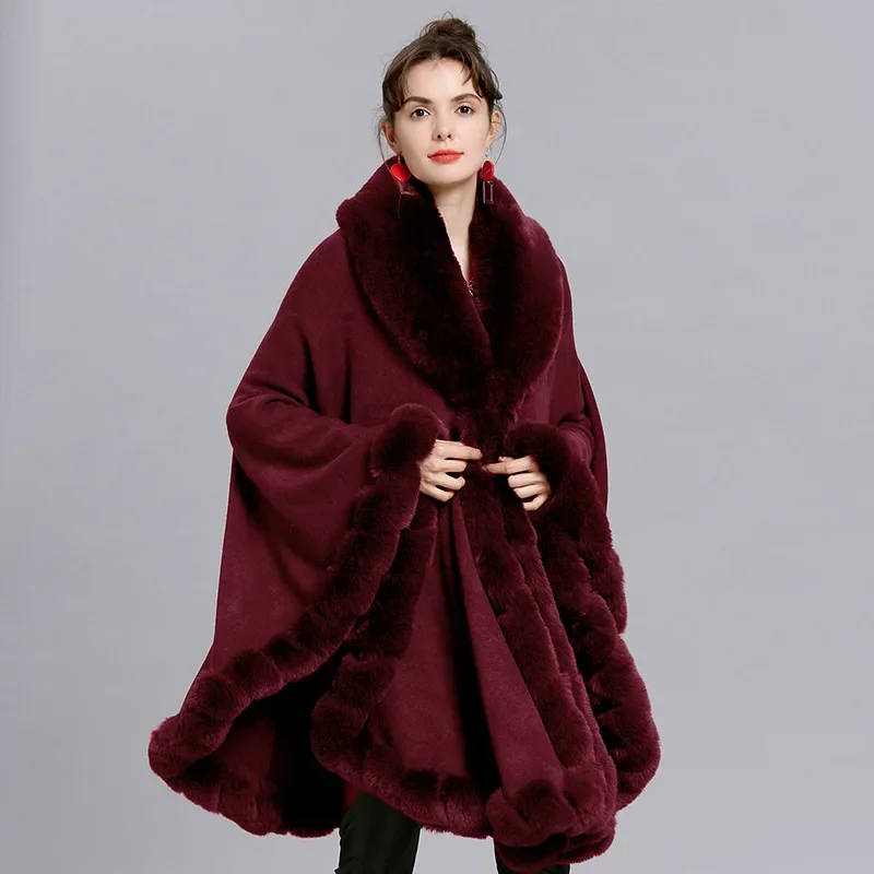 European American New Cape Plus Size Coat Women Shawl Loose Faux Fur Collar Knitted Cardigan Shawl Cape Women's Clothing New