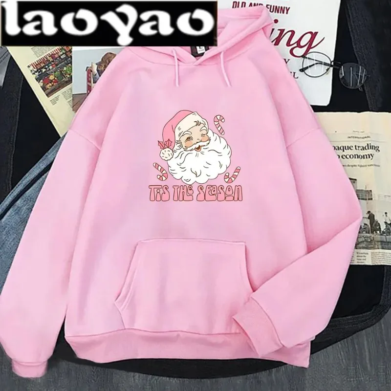 

Vintage Pink Santa Claus Hoodie Winter Autumn Sweatwear Soft Merry Christmas Harajuku Cute Hoodie Long-sleeved Couple Tops 2023