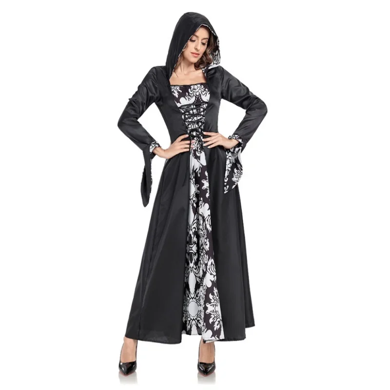 HN8 Renaissance Vampire Wizard Witch Cosplay Costume Long Sleeves Tie Waist Hooded Print Dress Vintage Medieval Palace Costu8…Gf