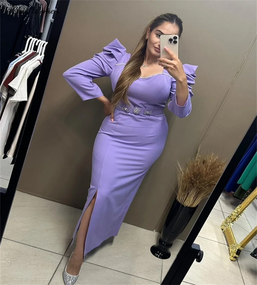 Simple Lilac Short Prom Dresses With Sleeves Chic Mermaid Midi Arabic Evening Dress Beaded Cocktail Holiday Party Customized