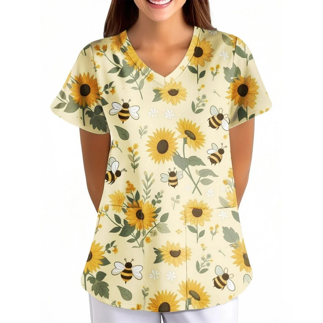 여성을 위한 패셔너블한 꽃무늬 프린트 수술복 V넥 간호복 여름 반소매 편안한 캐주얼 탑