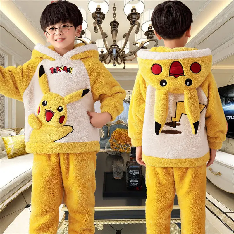 

Children's Pikachu Pajamas Flannel Pajamas Boys Winter Warm Coral Fleece Cartoon Hooded Home Clothes Set Wholesale