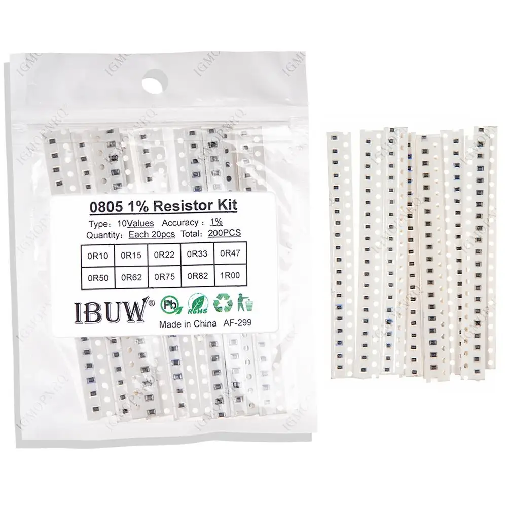 200PCS 1% 0805 SMD resistors assorted kit set ,10 valueX20pcs=200pcs 1R00 R820 R750 R620 R500 R470 R330 R220 R150 R100