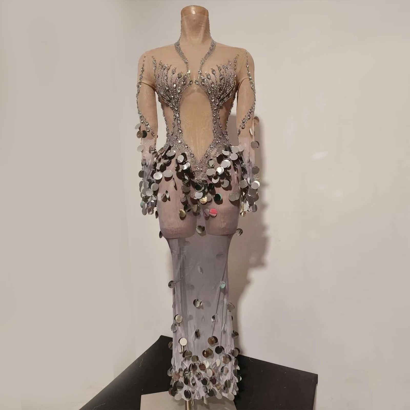 Sexy Sparkly Diamonds Leaf Sliver Mesh See Through Long Dress Birthday Evening Celebrate Party Nightclub Bar Show Stage Wear