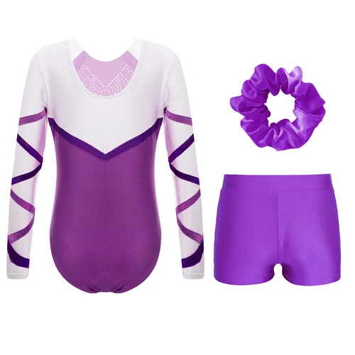 Imagen 2 del producto Trajes de gimnasia para niñas, leotardos para niños, mono de manga larga con diamantes de imitación brillantes y pantalones cortos, conjunto de ropa de baile de Ballet