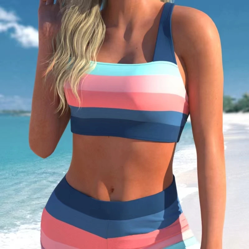 Color Stripe Split Swimsuit Suit Slim Quick-dry Print Bra High Waist And Bra Lace Boxer Two-piece Suit