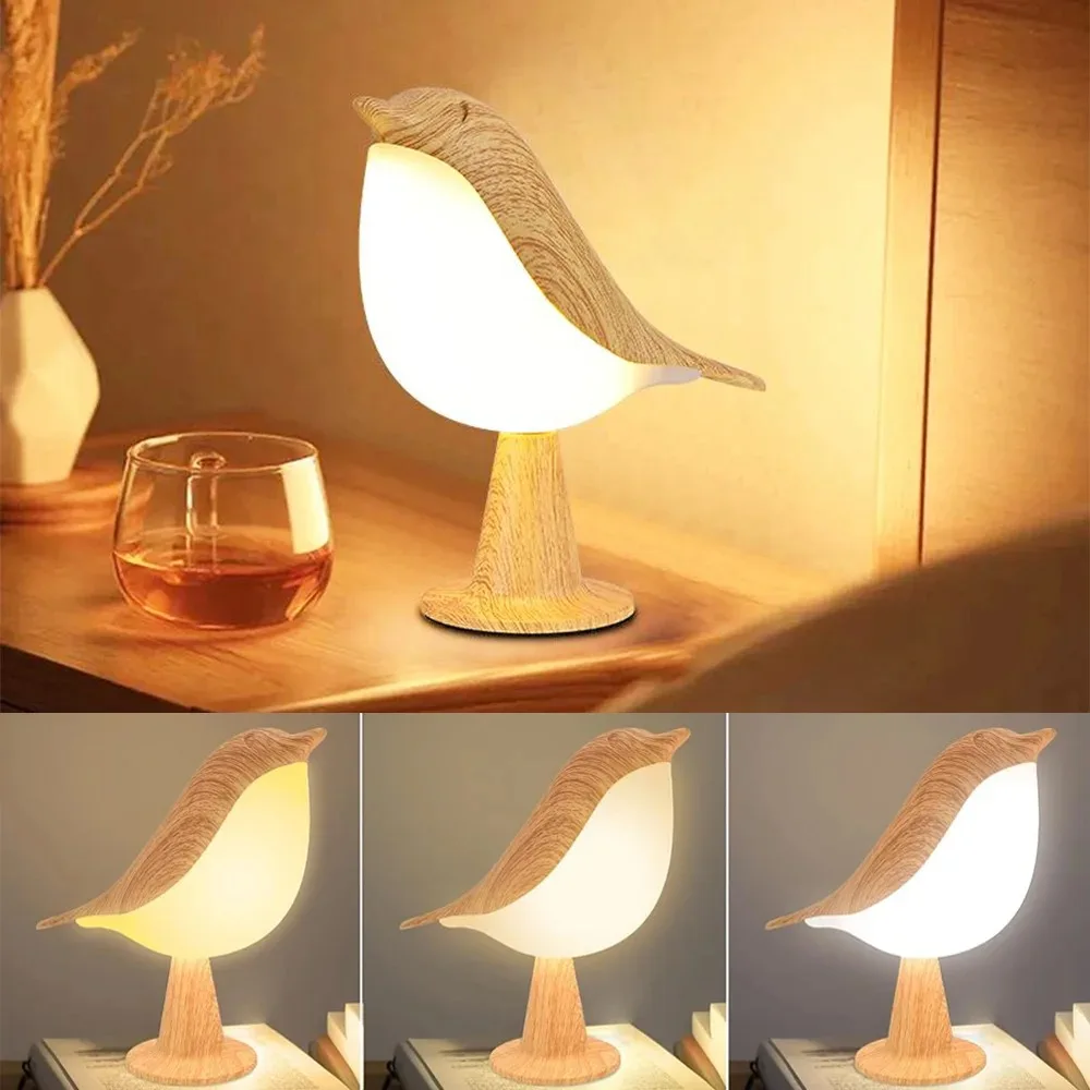 Modern Simple Magpie LED 3 Colors Bedside Lamp Wooden Bird Night Light Touch Control Bedroom Table Reading Lamp Home Decor Light