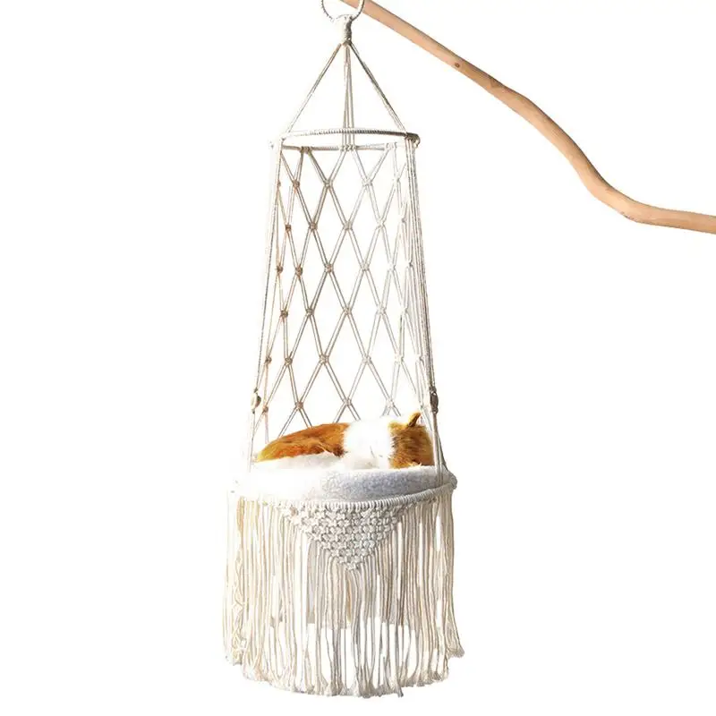 Hanging Cat Basket Swing Macrame Cat Hammock For Window Woven Macrame Cat Bed With Tassel Interior Cat Bed For Sleeping Playing