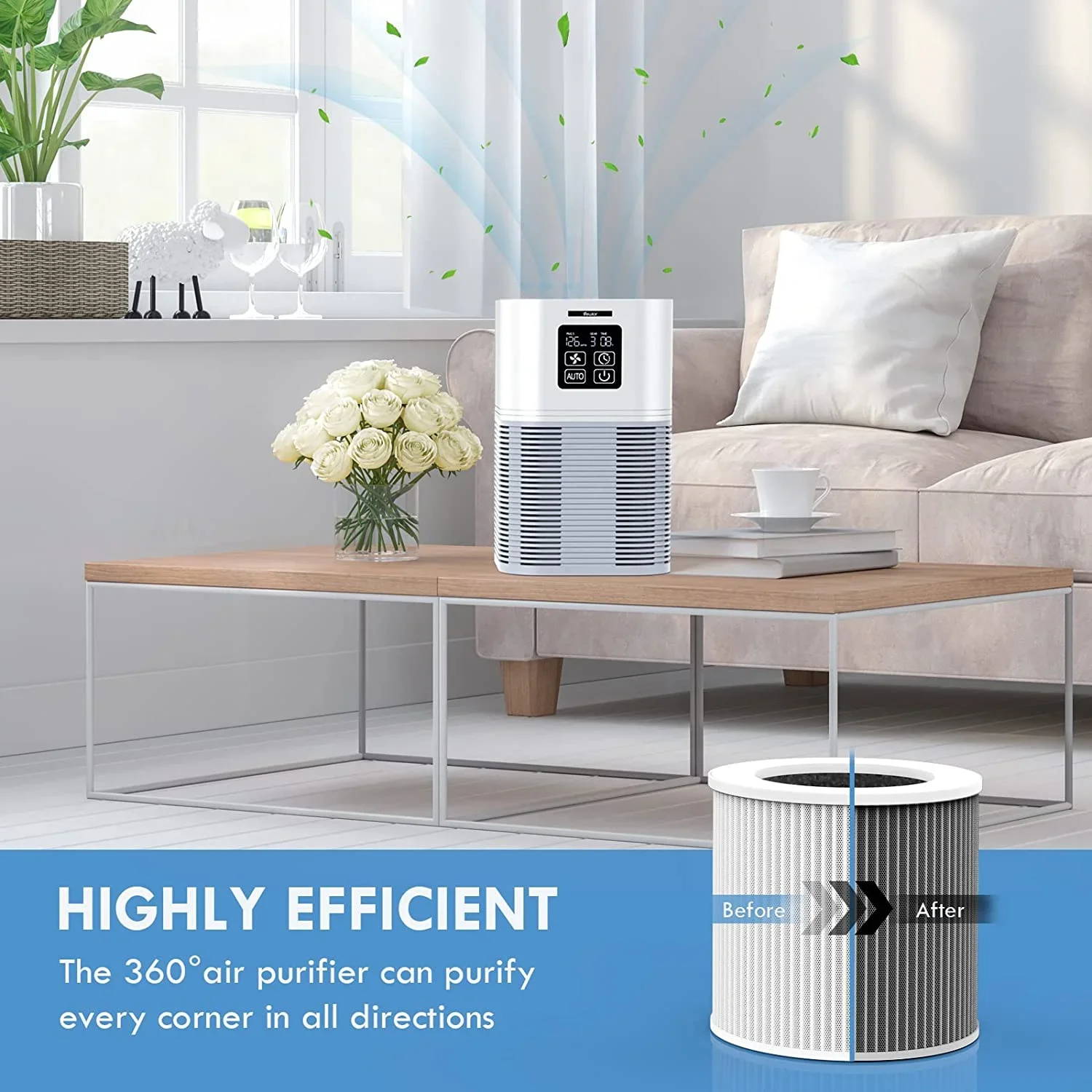 

Cost-effective air purifier with 3-stage filtration system, activated carbon cleaner, for PM2.5, pet dander, pollen, smoke, VOCs