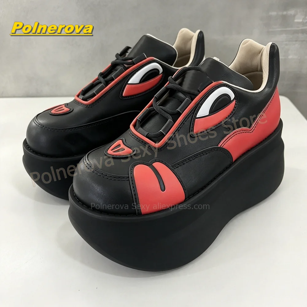 Baskets à plateforme pour femmes, style Y2K, avec motif d’yeux de dessin animé, en noir et rouge, à lacets, avec semelle épaisse, style streetwear, chaussures de ville décontractées.