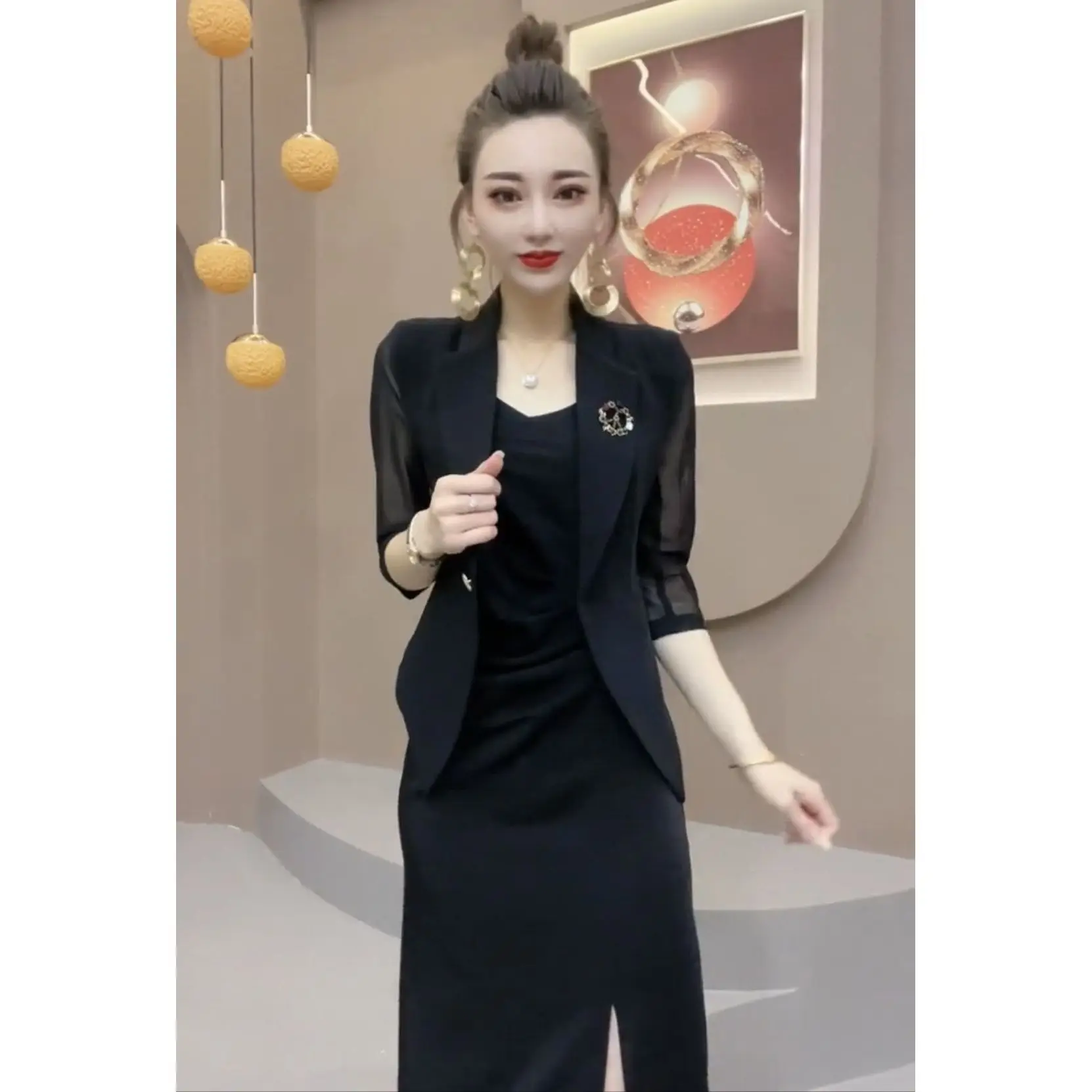 Fashion Suit Skirt for Women in Spring and Summer New Temperament Mesh Splicing Slim Suit Suspender Skirt