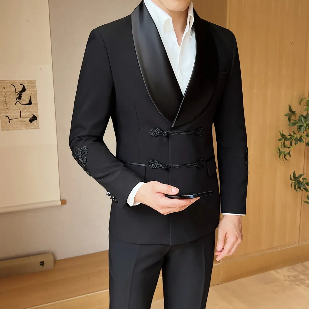 Men Vintage Luxury Style Slim Fit Wedding Groom Party Ceremony Tuxedo Suits 2 Pieces Sets Jacket Pant Man Stage Costume