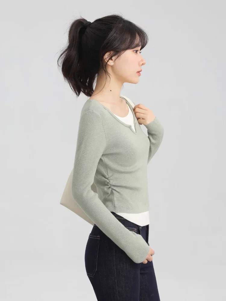 Women's Contrast Color Layered Knit Top | Slim Fit Long Sleeve Crop Sweater for Early Autumn | Casual Stylish Pullover Design