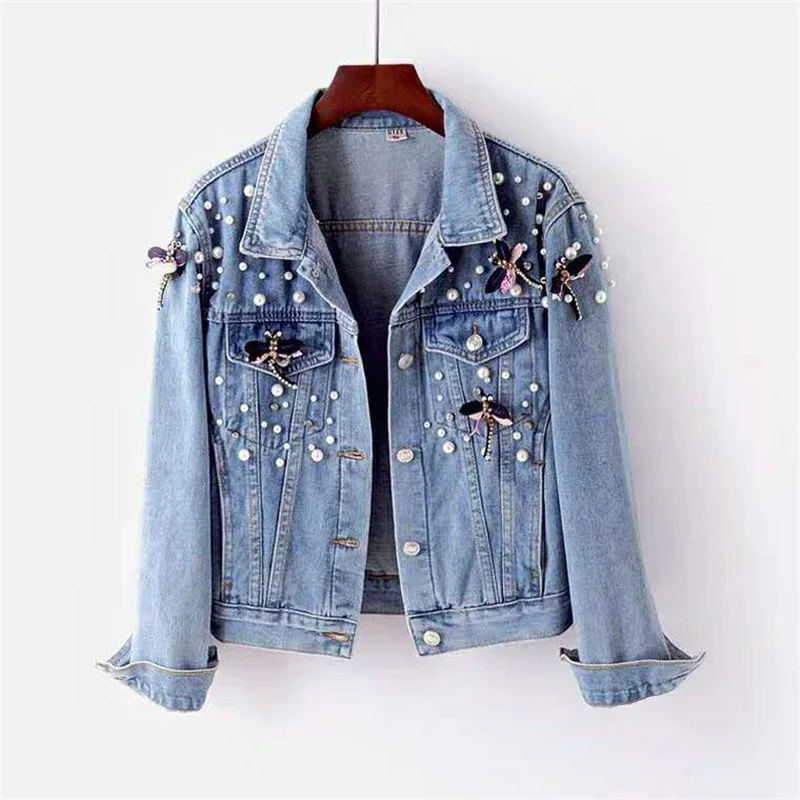 

2024 Spring Autumn Denim Coat Women Beading Loose Jeans Jacket Basic Coats Streetwear Long Sleeve Top Casual Outerwear Female