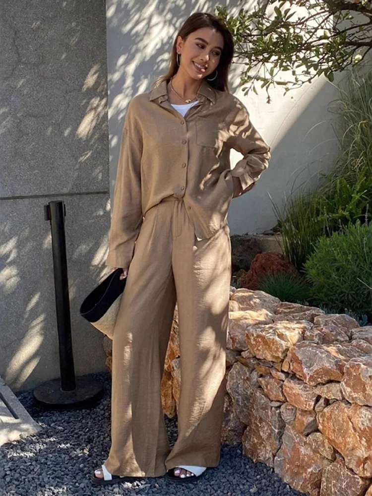 

Three Sisters New Arrivals Autumn Winter Casual Comfort Woman Clothes Solid Color Button Long Sleeves Two-piece Set Pantsuits