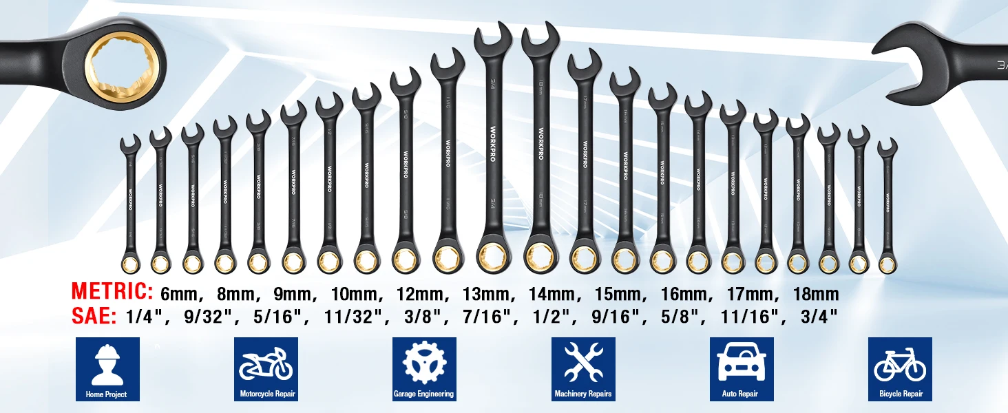 WORKPRO 22-Piece Ratcheting Wrench Set, Anti-slip Teeth, Ratchet Combination Wrench Sets with Organizer Box