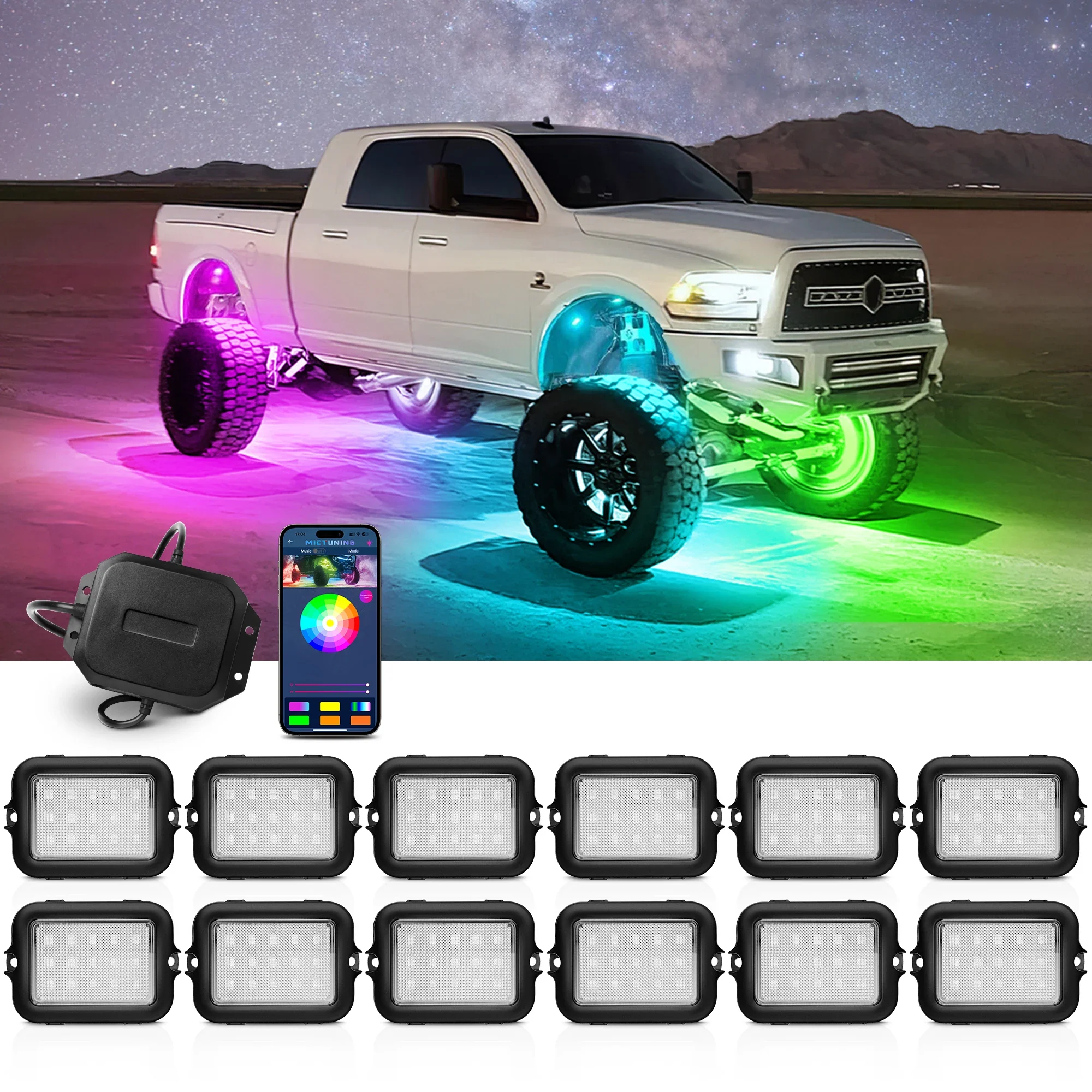 MICTUNING 12Pods Y1 Extensible RGB+IC LED Rock Lights Kit, Color Decorative Underbody Lights With Wireless APP Control For Truck