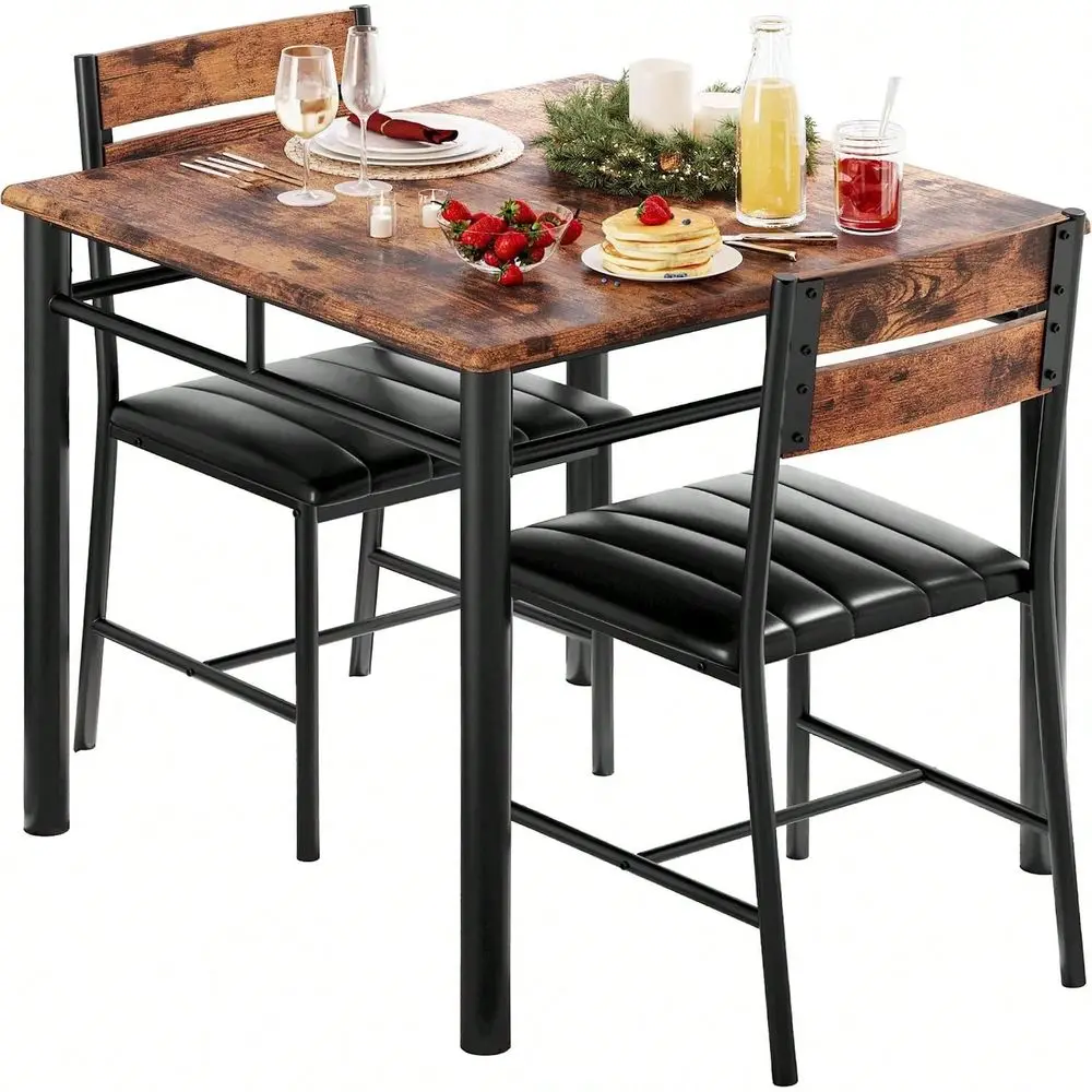 Brown Compact Dining Set For 2 Persons Small Kitchen Table With Upholstered Chairs Ideal For Casual Family Dinners Indoor Leisu