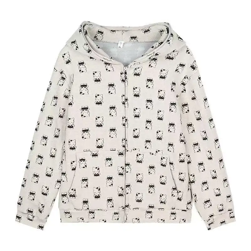 Kawaii Sanrio Hello Kitty Hooded Sweatshirt แจ็คเก็ตอะนิเมะเย็บปักถักร้อยฤดูใบไม้ผลิฤดูใบไม้ร่วง Oversize ยาวหลวมการ์ตูนน่ารักสาวเสื้อ