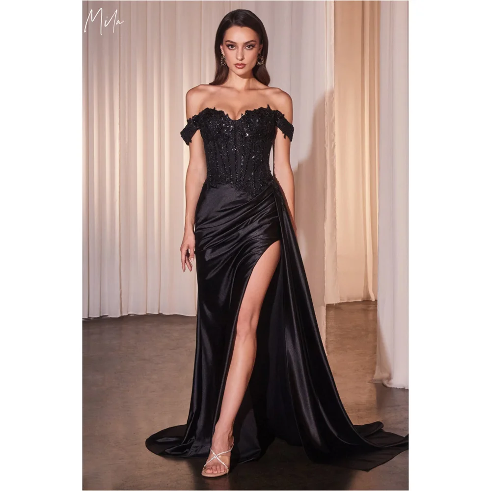 

Mila Sweetheart Neck A-Line Zip Party Dresses Side High Split Prom Dresses Chapel Train Satin Customized Evening Dresses 2025