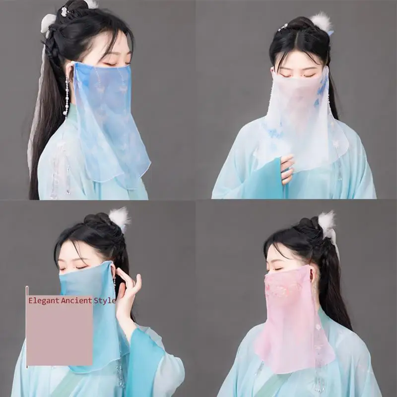 Elegant Semi Transparent Han Clothes Ancient Style Printed Veil, Bead Face Mask Blue Embellishment Veil Accessories Cosplay