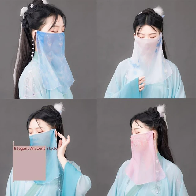 Velo estampado de estilo antiguo mascara facial de cuentas adornos azules accesorios de velo ropa Han elegante Semi transparente AliExpress