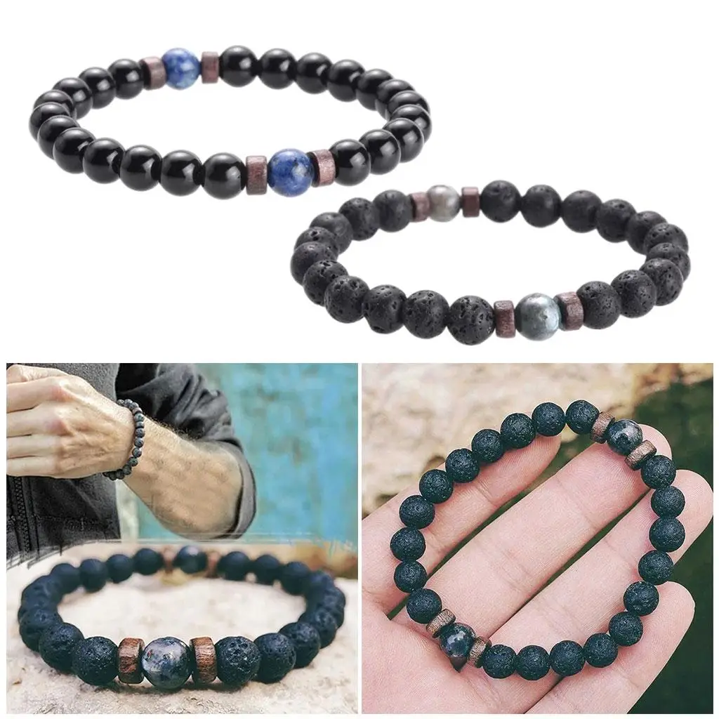 Pulseira natural de contas Moonstone para homens, pedra de lava, conexão ajustável, azul, pacote 3-4