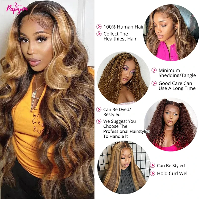 Blonde Highlight Wig 13x4 Lace Frontal Wigs For Women 180% Density Body Wave Human Hair Wigs Brazilian Remy Human Hair