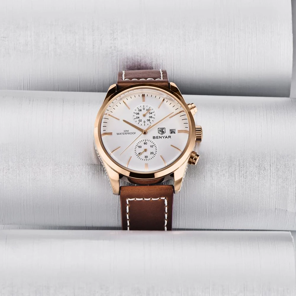 BENYAR luxury top brand multifunctional military watch sports leather waterproof quartzwatch date 42MM timing code Watch for Men