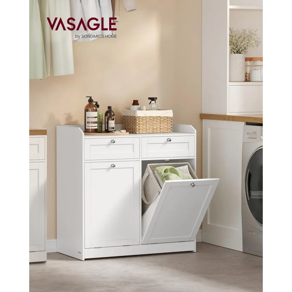 Bathroom Laundry Cabinet with Basket, with 2 Drawers and 2 Hidden Laundry Hampers, Freestanding, Tilt-Out Laundry Baskets with