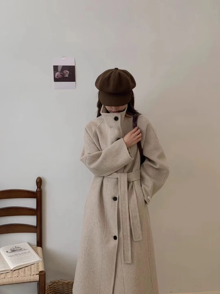 

Office Lady Woolen Jackets 2025 New Double-Sided Parkas Autumn Winter Stand Collar Lace-Up Loose Long Women's 100% Wool Coats