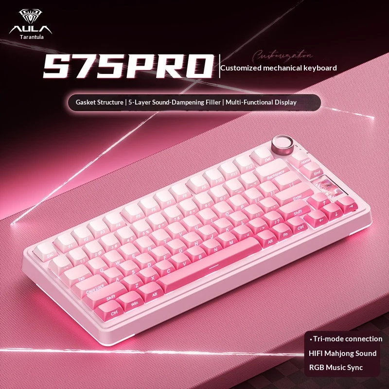 Aula S75 Pro Wireless Three Mode Mechanical Keyboard Custom Gasket Structure 1 14 Inch Display Screen For Esports Gaming Office