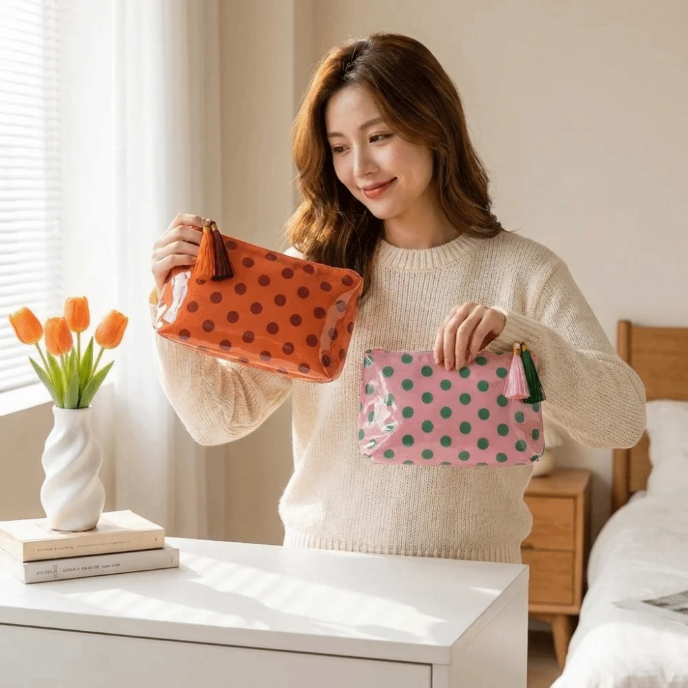 Multi-Purpose PVC Polka Dot Makeup Bag Retro Polka Dot PVC Cosmetic Bag With Tassel Waterproof Cosmetics Organizer Bathroom