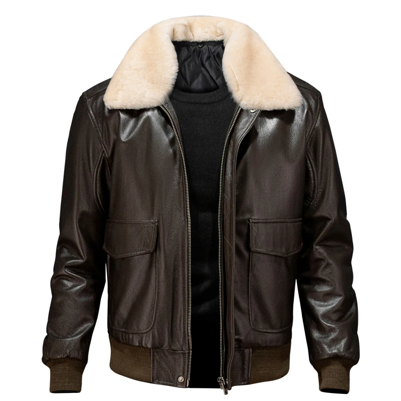 Dark Brown G1 Pilot Leather Jacket Men Military Style Plus Size 4XL Natural Cowhide Winter Aviation Genuine Leather Coat